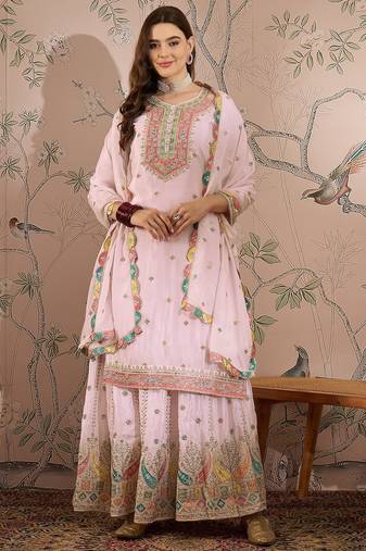 Light Pink Chinon anarkali style long choli readymade lehenga