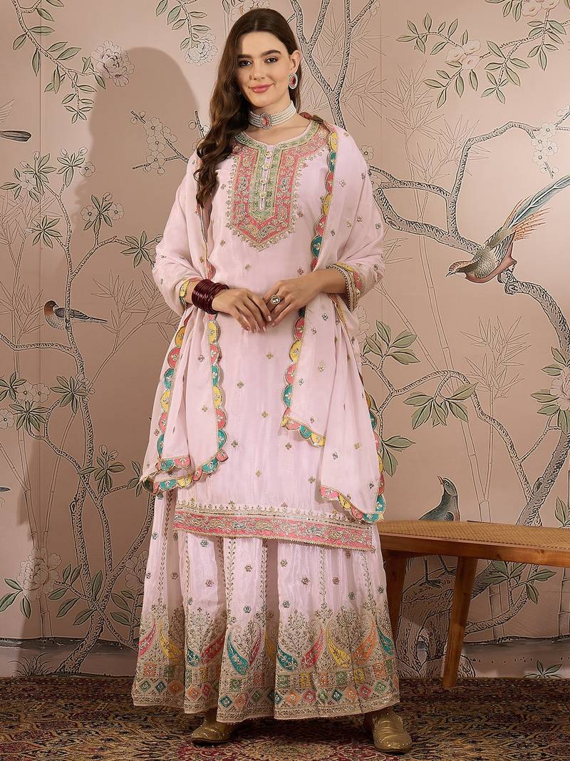 Light Pink Chinon anarkali style long choli readymade lehenga