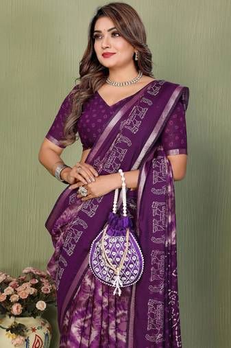 Purple Color Kalamkari Print Cotton Saree 