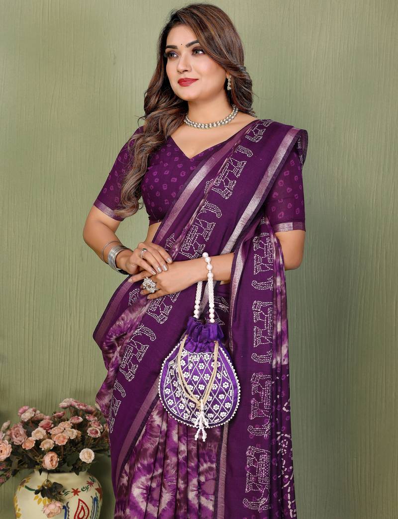Purple Color Kalamkari Print Cotton Saree 