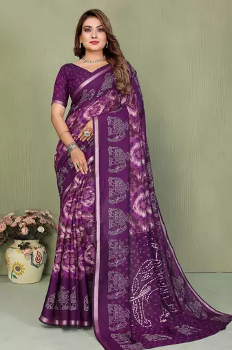 Purple Color Kalamkari Print Cotton Saree 