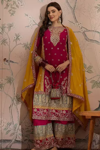 pink chinon  straight kurta with bottom & dupatta