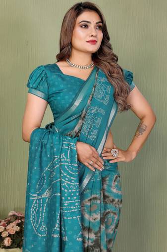 Aqua Blue Color Kalamkari Print Cotton Saree 