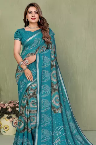 Aqua Blue Color Kalamkari Print Cotton Saree 