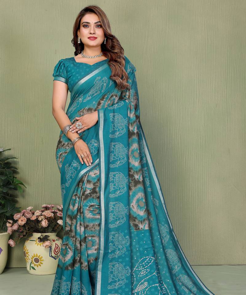 Aqua Blue Color Kalamkari Print Cotton Saree 