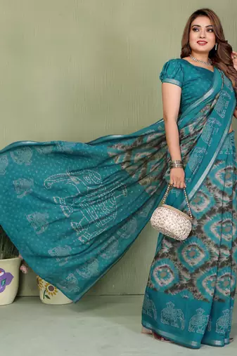 Aqua Blue Color Kalamkari Print Cotton Saree 