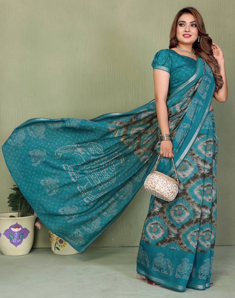 Aqua Blue Color Kalamkari Print Cotton Saree 