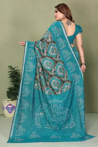 Aqua Blue Color Kalamkari Print Cotton Saree 