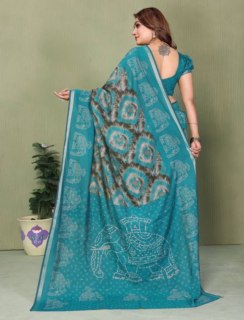 Aqua Blue Color Kalamkari Print Cotton Saree 
