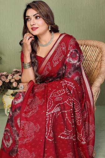 Red Color Kalamkari Print Cotton Saree 
