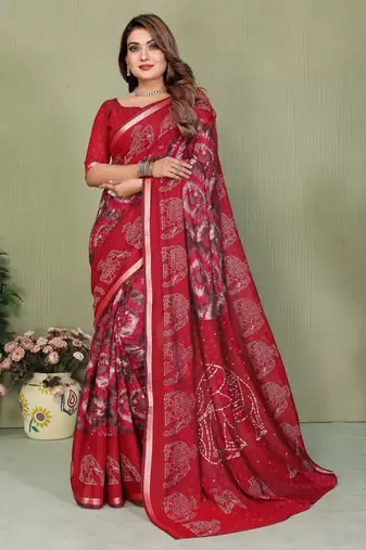 Red Color Kalamkari Print Cotton Saree 