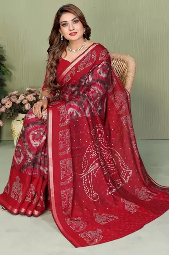 Red Color Kalamkari Print Cotton Saree 