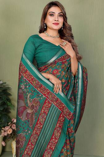 green color kalamkari print cotton saree 