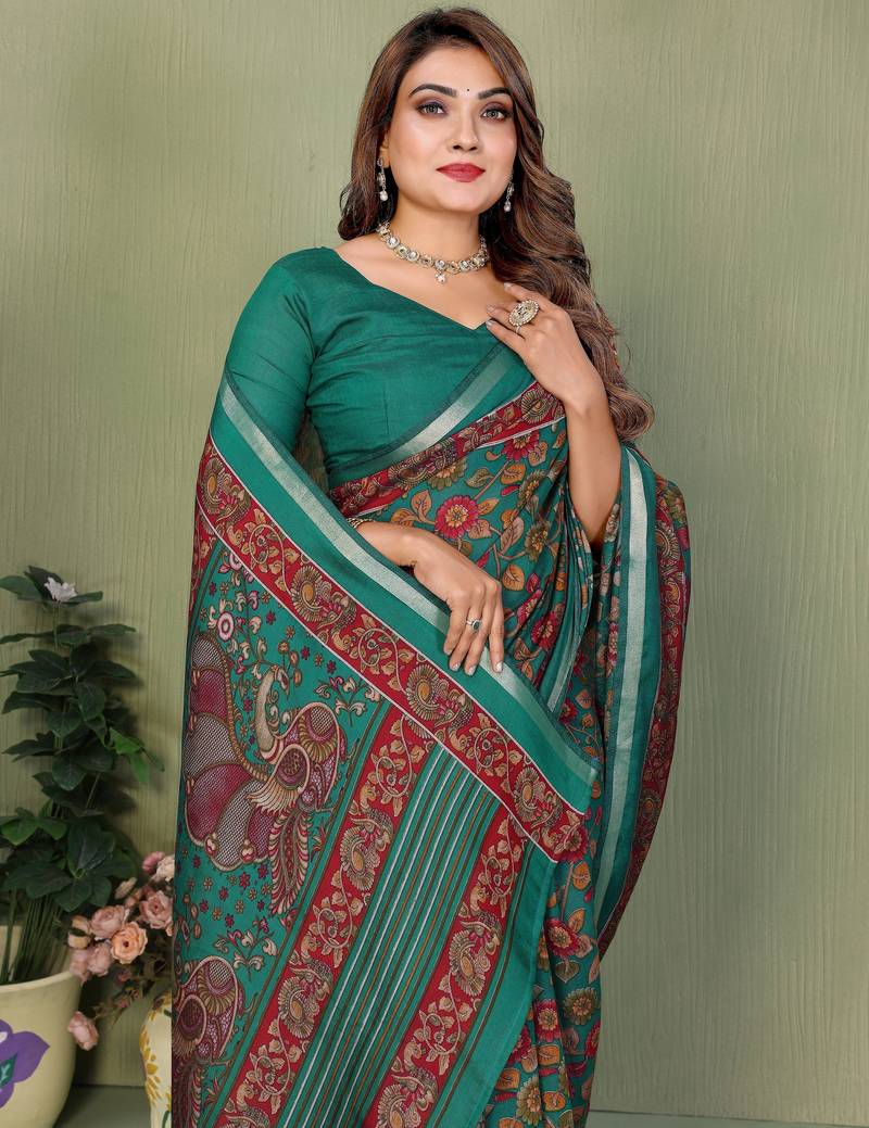 green color kalamkari print cotton saree 