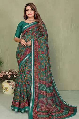 green color kalamkari print cotton saree 