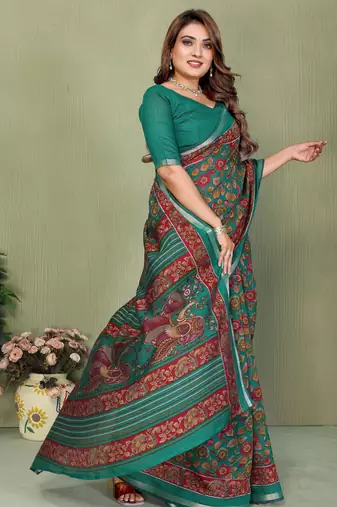 green color kalamkari print cotton saree 