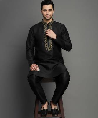 Black dupion embroidery kurta-pajama 2