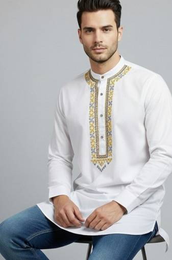 White cotton embroidery kurta-pajama