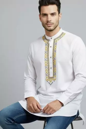 White cotton embroidery kurta-pajama