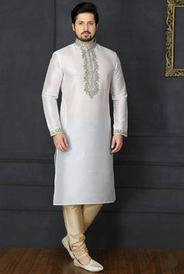 White dupion embroidery kurta-pajama 1