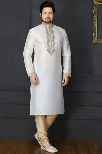 White dupion embroidery kurta-pajama