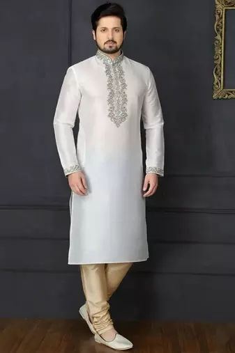 White dupion embroidery kurta-pajama