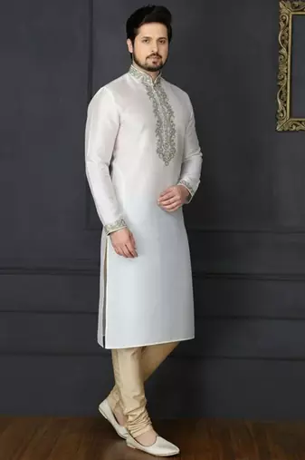 White dupion embroidery kurta-pajama