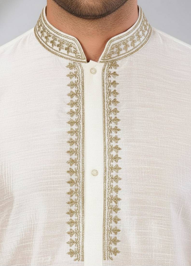White dupion embroidery kurta-pajama