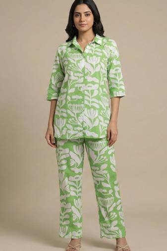 Women's trendy green floral printed cotton co-ord set for women | comfortable top & palazzo set