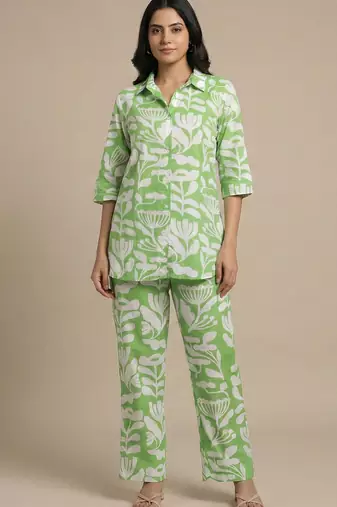 Women's trendy green floral printed cotton co-ord set for women | comfortable top & palazzo set
