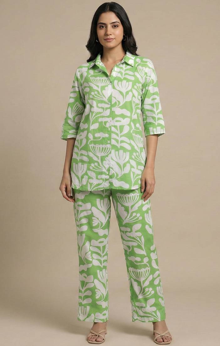 Women's trendy green floral printed cotton co-ord set for women | comfortable top & palazzo set