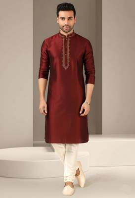 Maroon dupion embroidery kurta-pajama 1