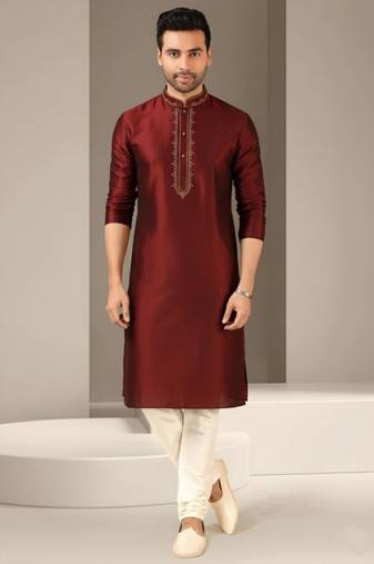Maroon dupion embroidery kurta-pajama