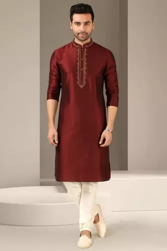 Maroon dupion embroidery kurta-pajama
