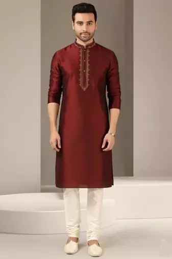 Maroon dupion embroidery kurta-pajama