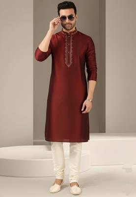 Maroon dupion embroidery kurta-pajama 3