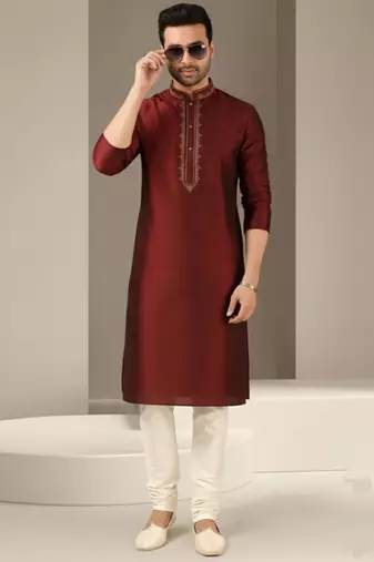 Maroon dupion embroidery kurta-pajama