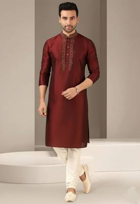 Maroon dupion embroidery kurta-pajama 1