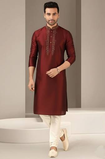 Maroon dupion embroidery kurta-pajama