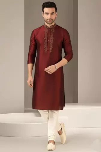 Maroon dupion embroidery kurta-pajama