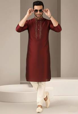 Maroon dupion embroidery kurta-pajama 2