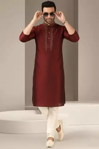 Maroon dupion embroidery kurta-pajama
