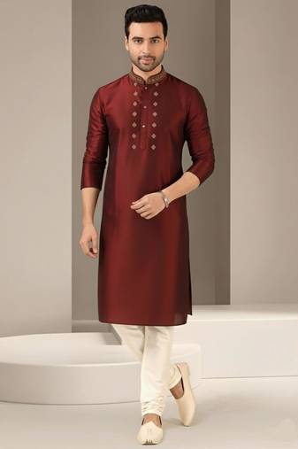 Maroon dupion embroidery kurta-pajama