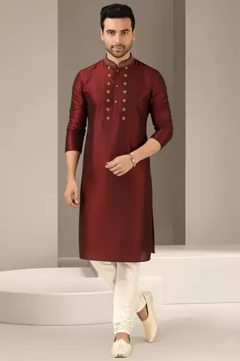 Maroon dupion embroidery kurta-pajama