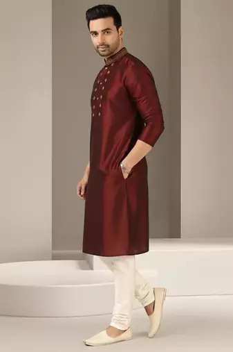 Maroon dupion embroidery kurta-pajama