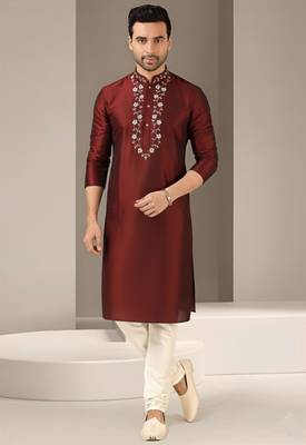 Maroon dupion embroidery kurta-pajama 1
