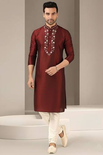 Maroon dupion embroidery kurta-pajama