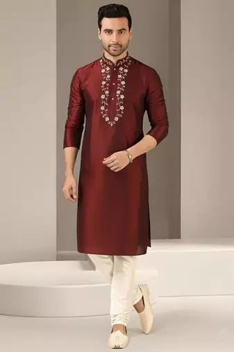 Maroon dupion embroidery kurta-pajama
