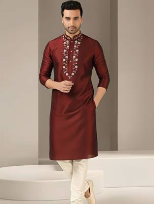 Maroon dupion embroidery kurta-pajama 2