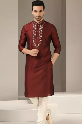 Maroon dupion embroidery kurta-pajama